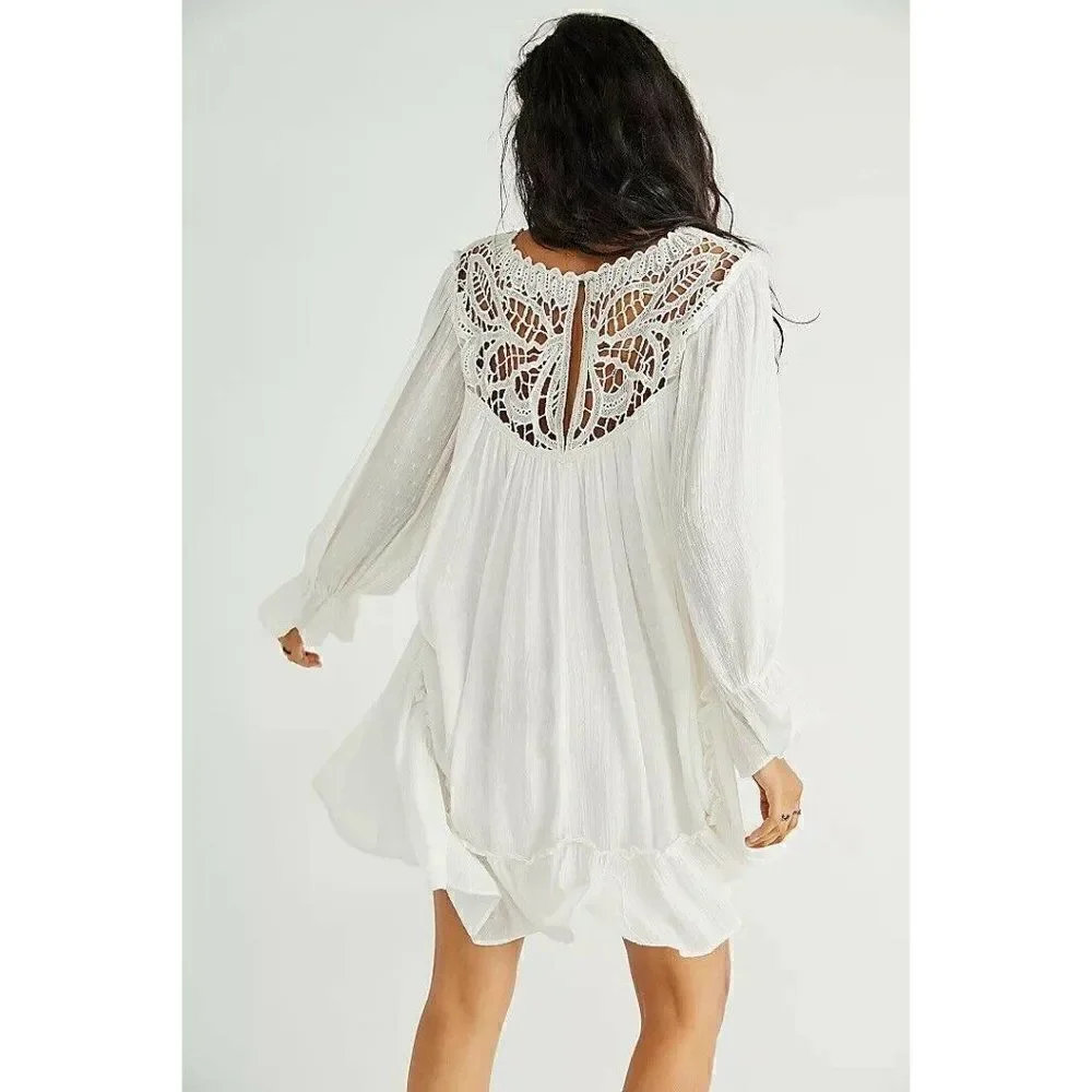NWT FREE PEOPLE LENA LACE MINI DRESS CROCHET GAUZE IN IVORY